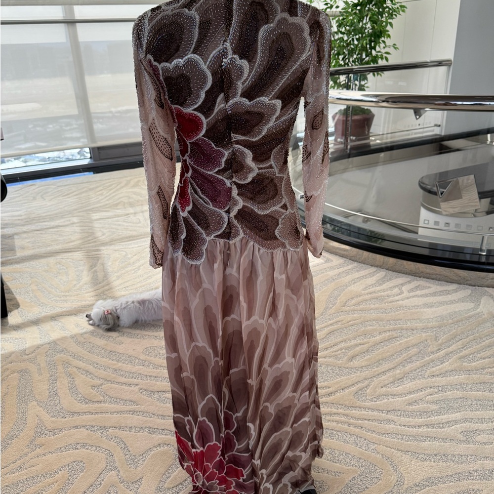 Vintage Hanae Mori Hand Beaded Long Sleeve Floral Dress in Burgundy/ Brown - Picture 4 of 7